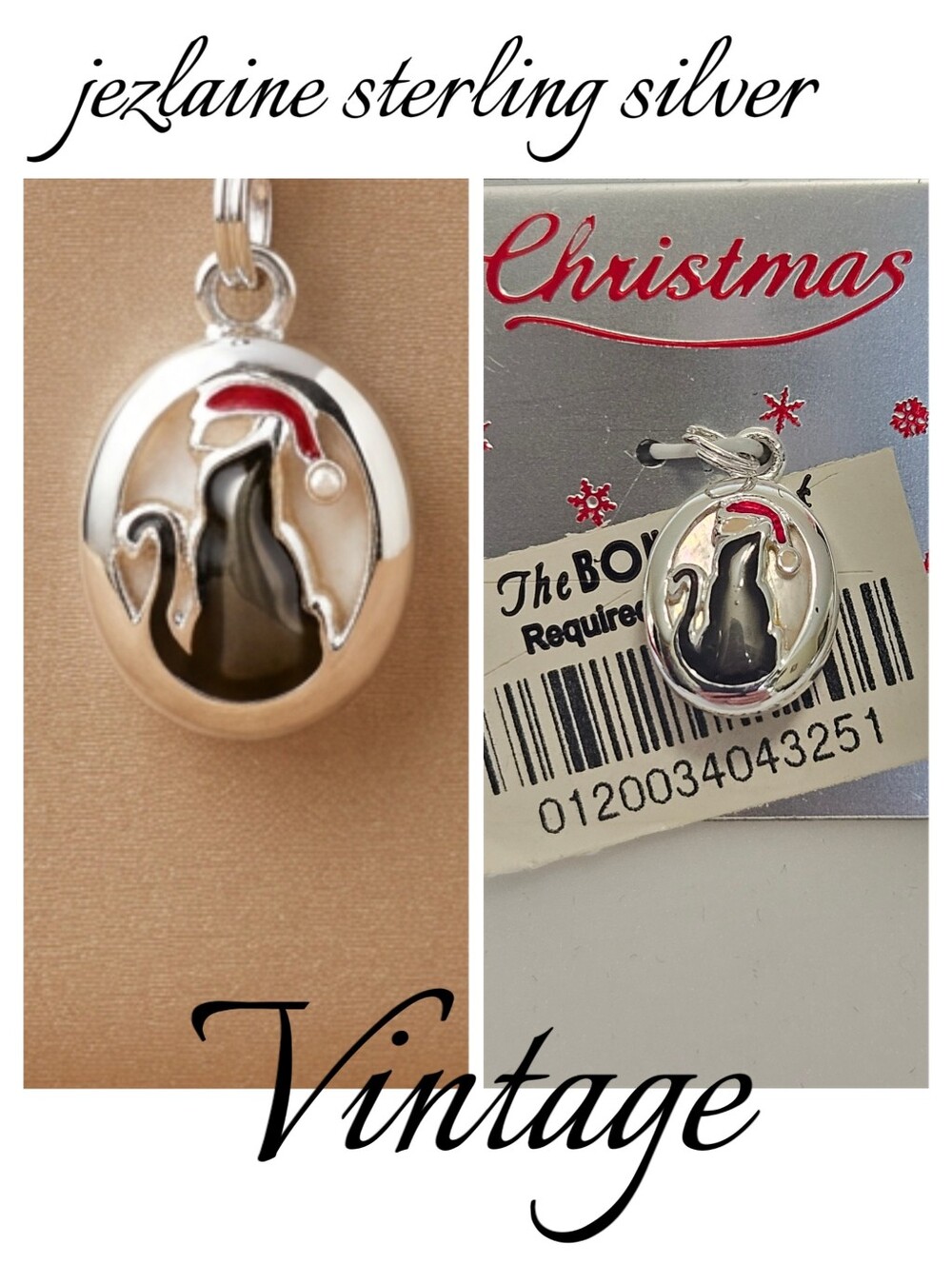 Vtg Jezlaine 925 Sterling Silver Christmas Black Cat Santa Hat Charm NWT